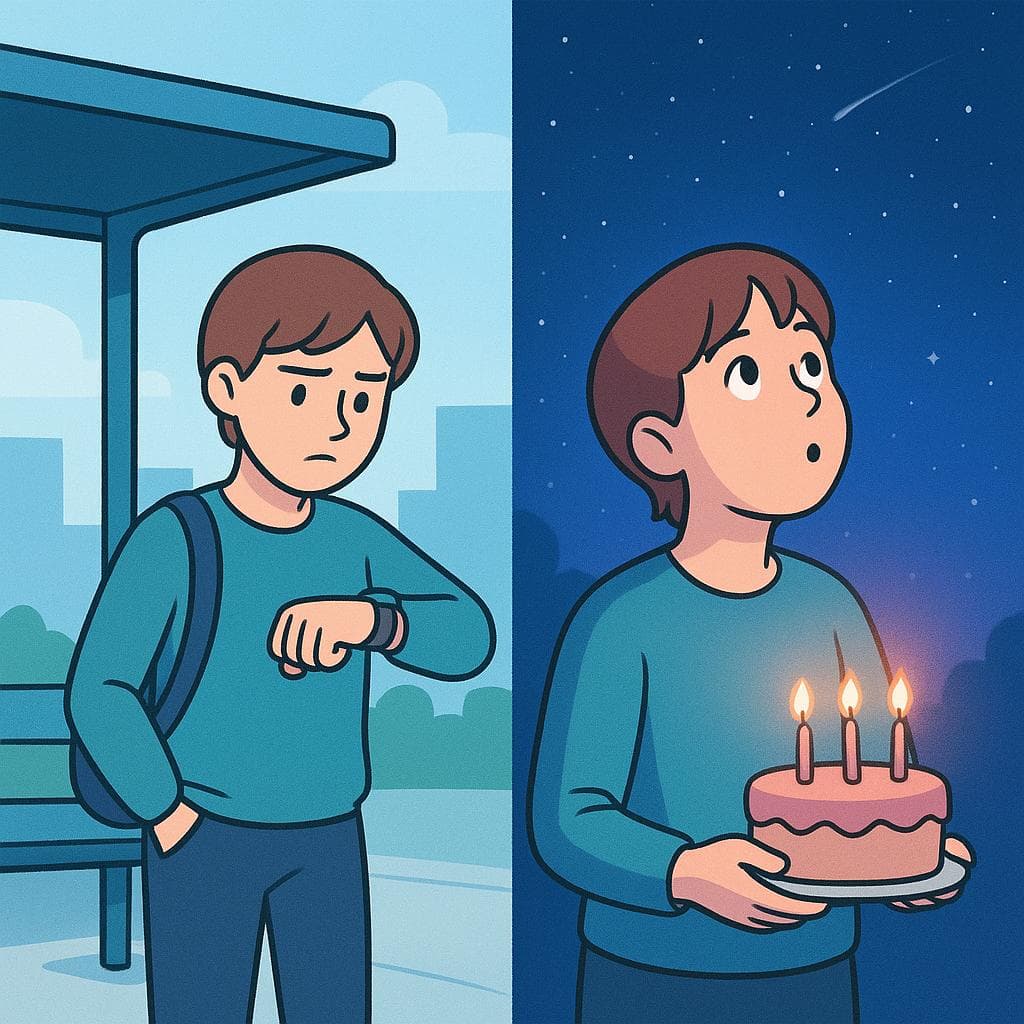 A split-screen showing the difference between esperar (waiting at a bus stop) and desear (making a wish on a birthday cake).