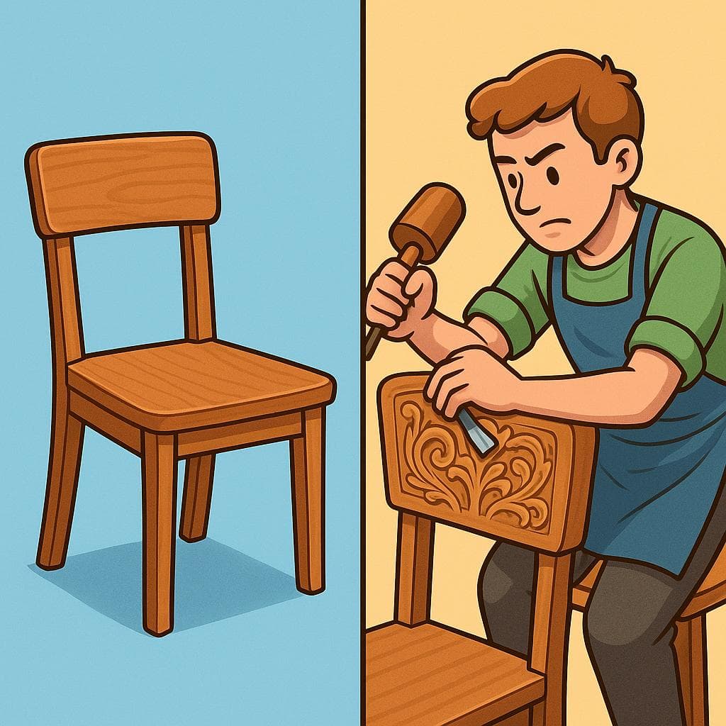 Split-screen showing 'de' for basic material vs 'en' for artistic medium.