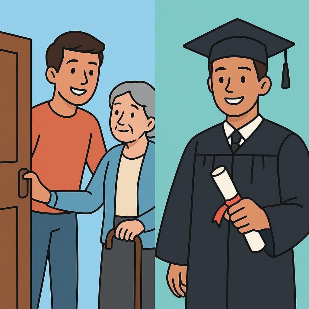 Split-screen showing the two meanings of 'educado': a person holding a door open for someone (polite) vs. a person in a graduation cap holding a diploma (educated).