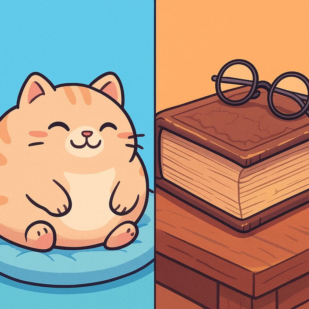 Split-screen showing the difference between gordo (a fat cat) and grueso (a thick book).