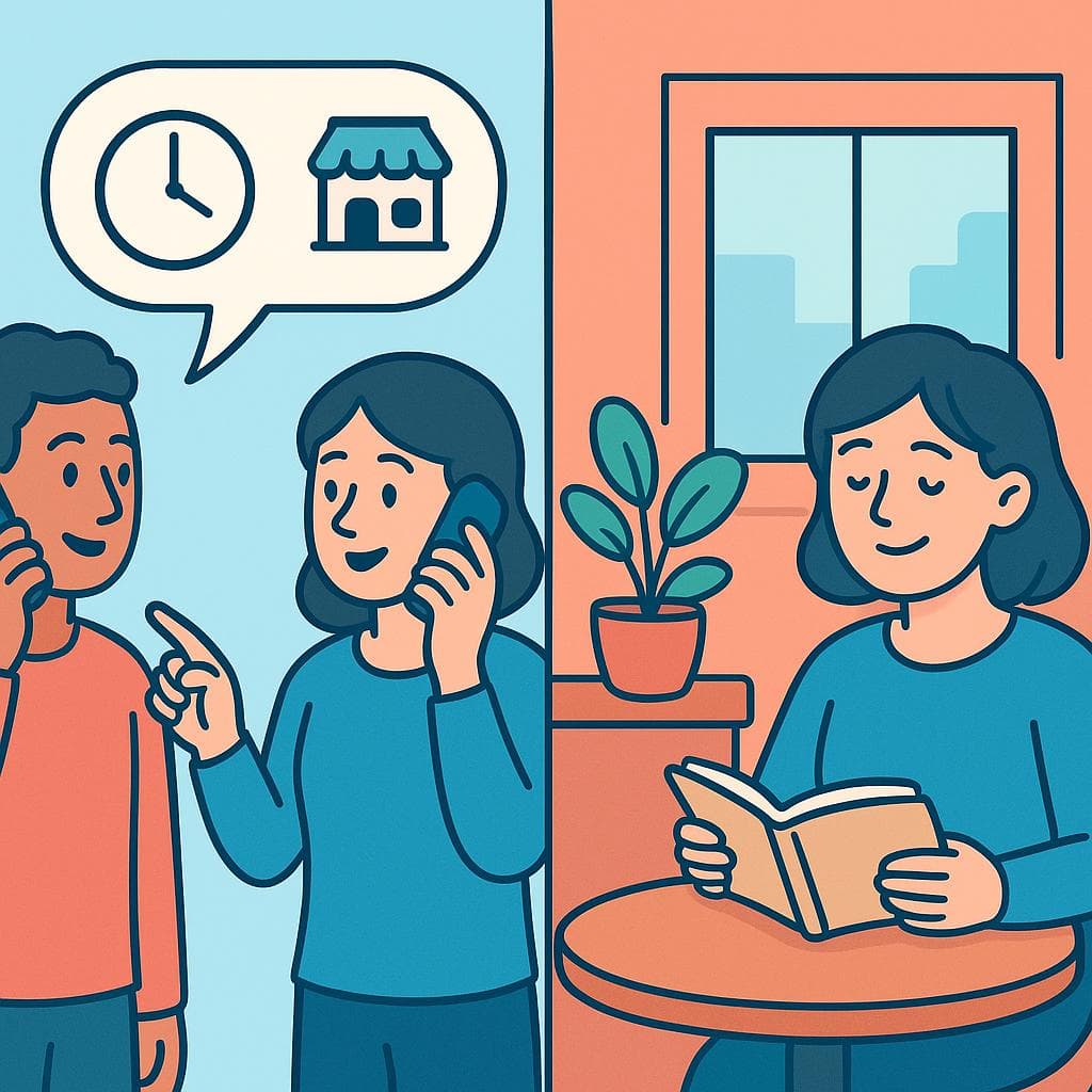 약속을 정하는 것(quedar en)과 어딘가에 머무르는 것(quedarse en)의 차이를 보여주는 화면 분할 이미지.