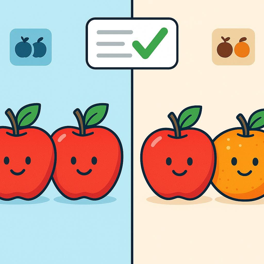 Split-screen showing 'parecido' (two visually alike apples) vs 'similar' (an apple and an orange with checkmarks on their nutrition labels).