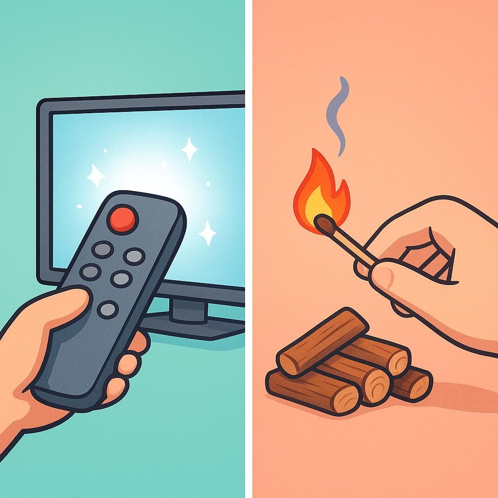 Podzielony ekran pokazujący encender (elektronika) vs prender (ogień).
