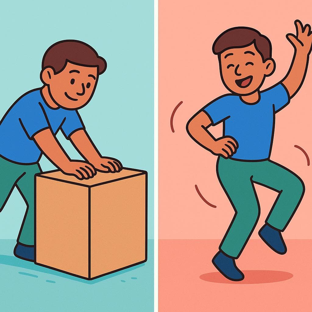 Split-screen showing 'mover' (a person pushing a box) versus 'moverse' (a person dancing).