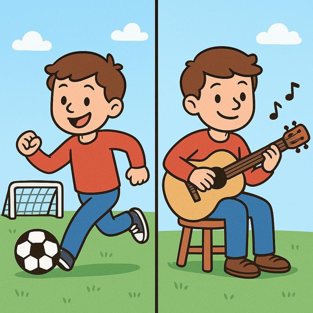 Split-screen showing a person playing soccer (jugar) vs. playing a guitar (tocar).