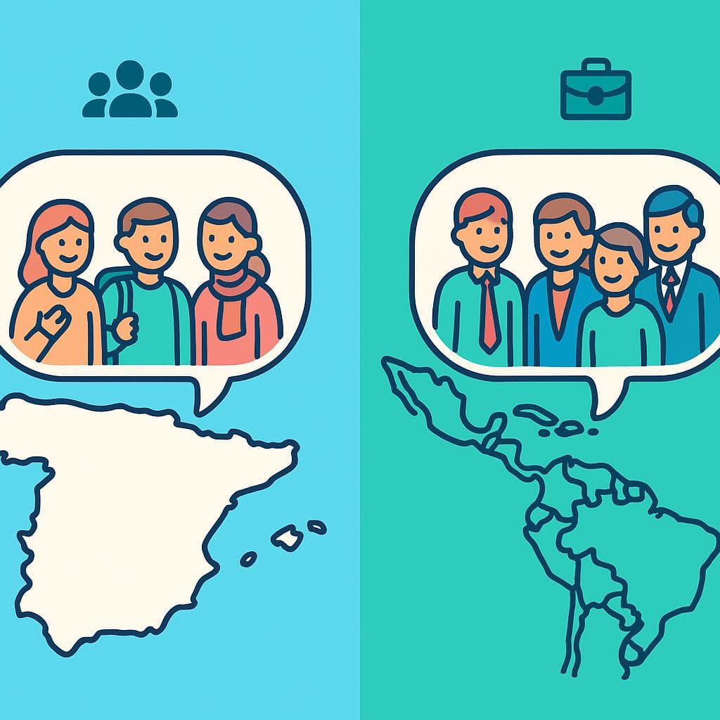 A split-screen showing a map of Spain labeled 'vosotros' for informal use and a map of Latin America labeled 'ustedes' for all uses.