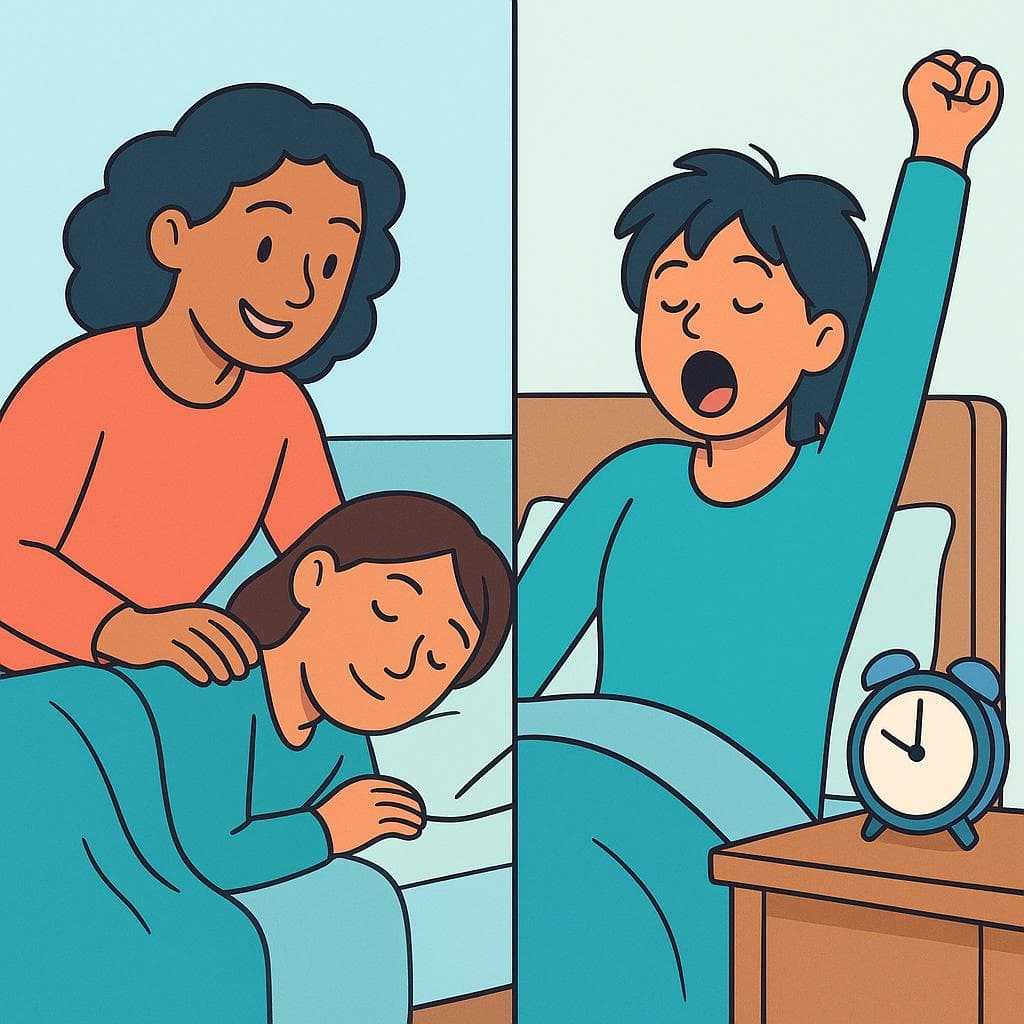 Split-screen cartoon showing the difference between waking someone else up (despertar) and waking yourself up (despertarse).