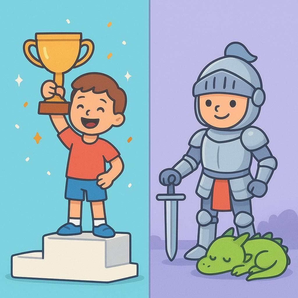 Split-screen showing ganar (winning a trophy) vs vencer (defeating a monster).