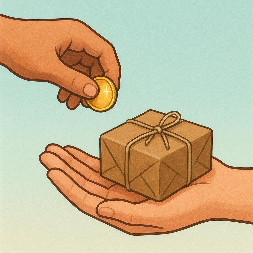 Two hands exchanging items: one hand is giving a gold coin while the other hand is accepting a small, wrapped package, symbolizing a single transaction.