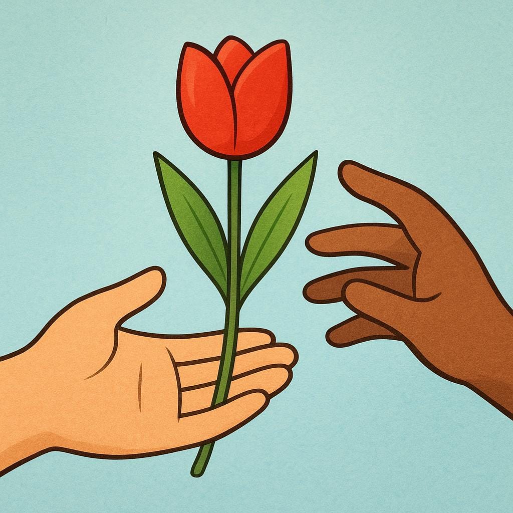 One hand offering a single red tulip to another hand as a small, thoughtful gesture of kindness.
