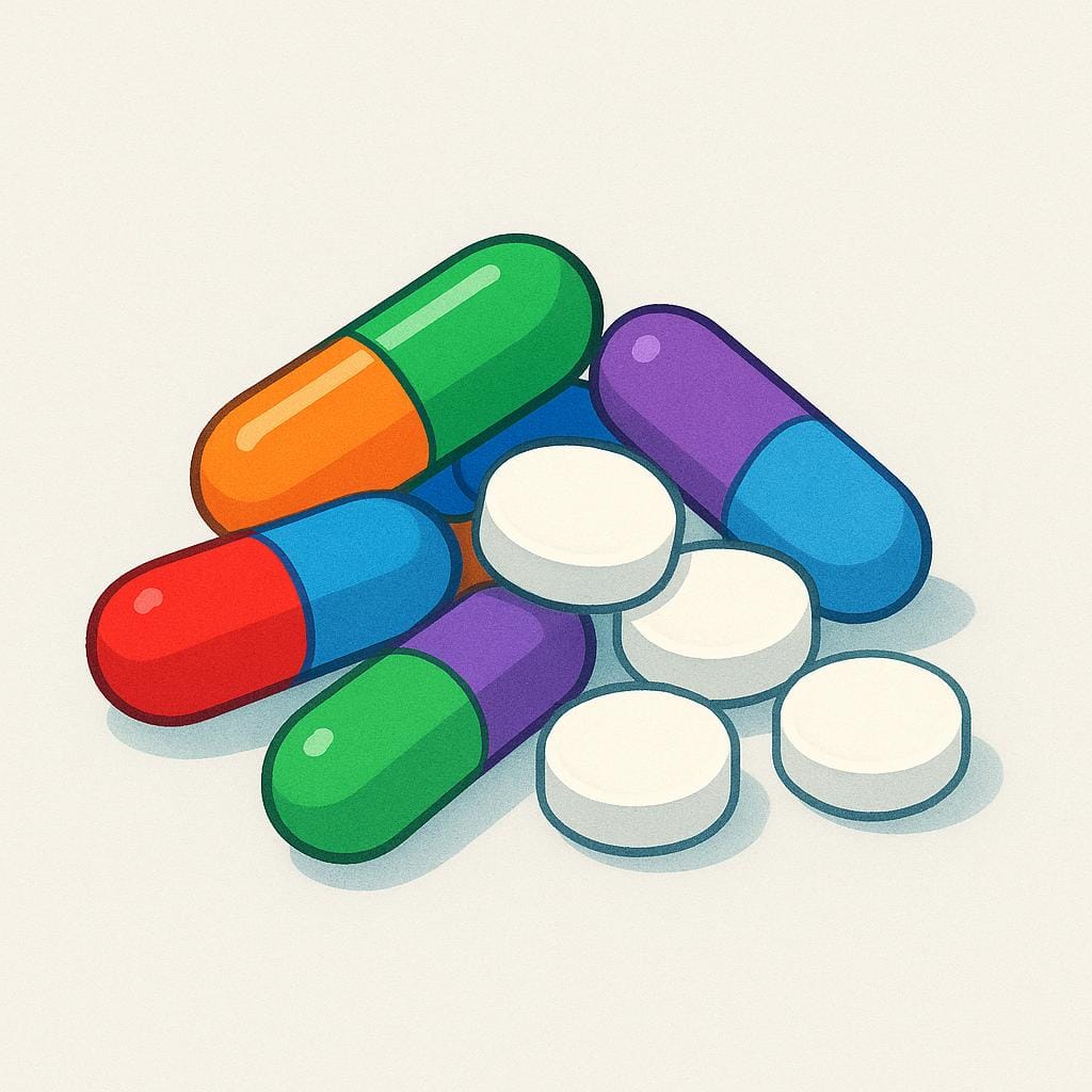 Una piccola pila di capsule medicinali dai colori vivaci e compresse rotonde bianche poggiate su una superficie pulita.
