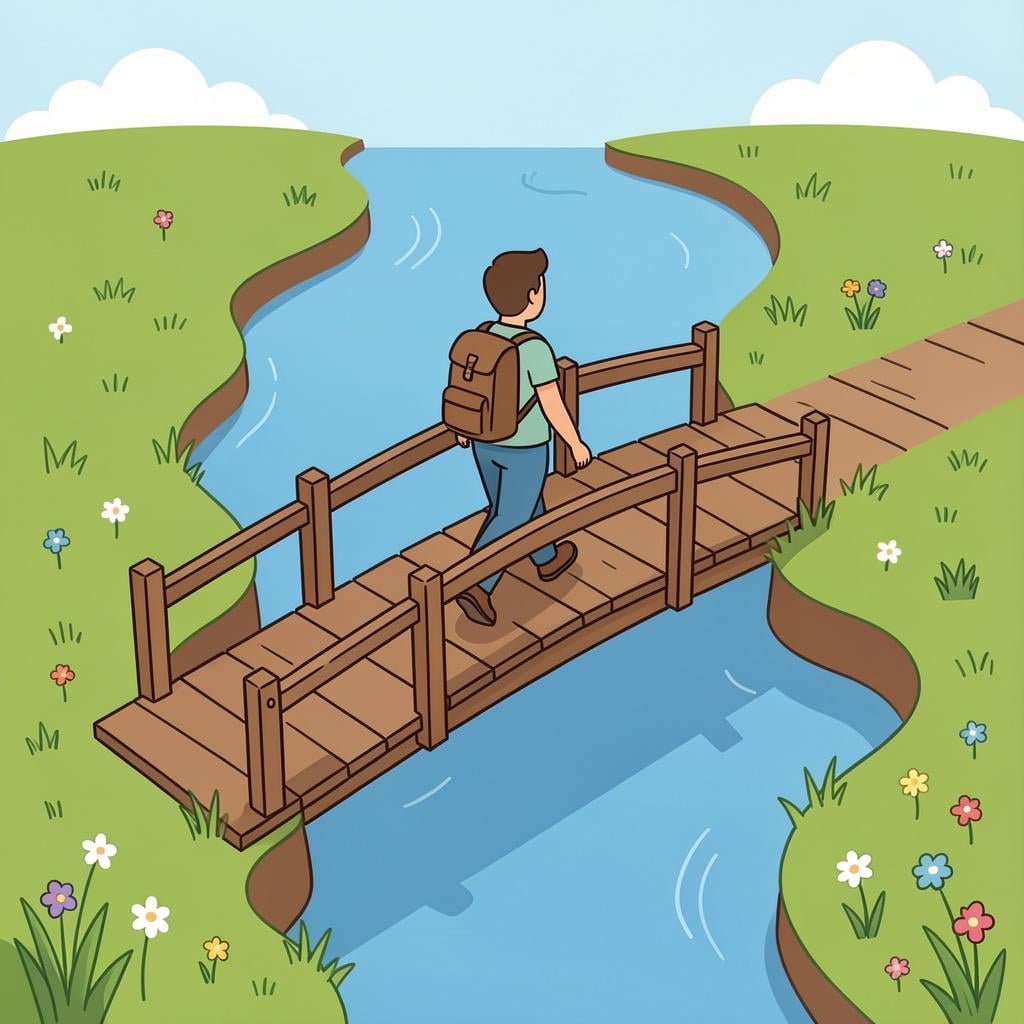 A hiker walking across a rustic wooden bridge over a small stream.