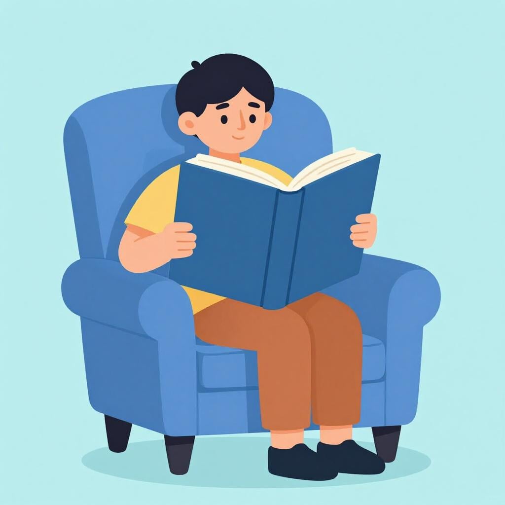 Een persoon die comfortabel in een grote fauteuil zit, diep verdiept in een open boek.