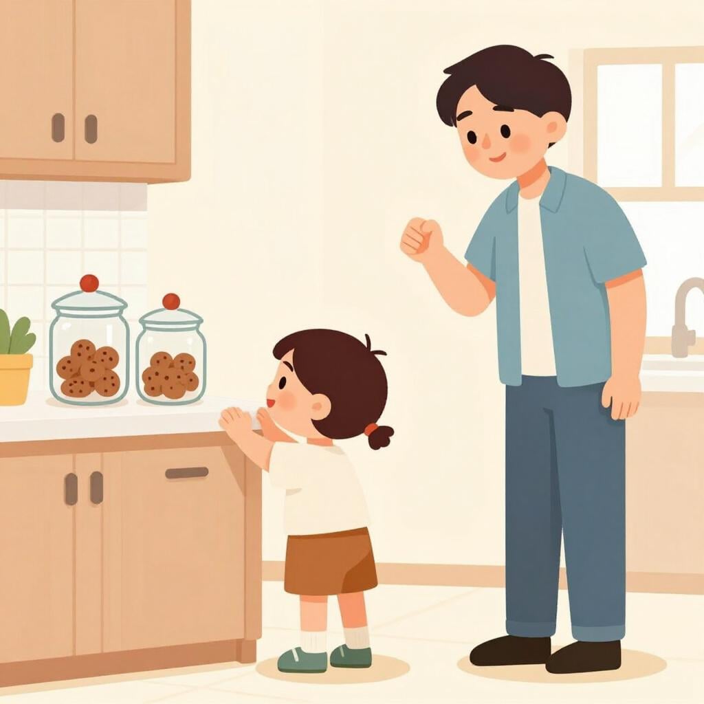 아이가 카운터 위에 있는 쿠키 통에 손을 뻗으며 웃고 있고, 부모는 미소를 지으며 바라보고 있다.