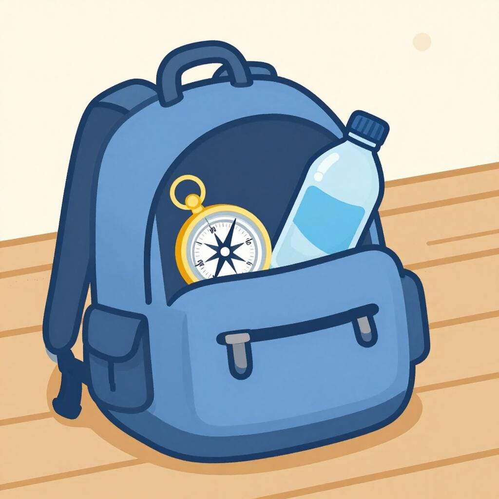 A hiker putting a compass and a water bottle into a sturdy backpack.
