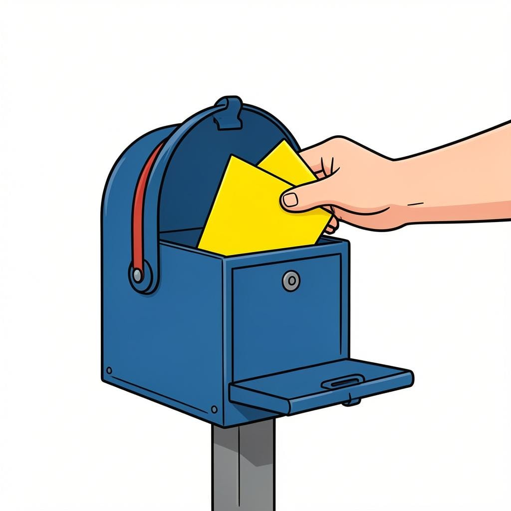 A colorful sealed envelope with a heart sticker being placed into a bright blue mailbox.