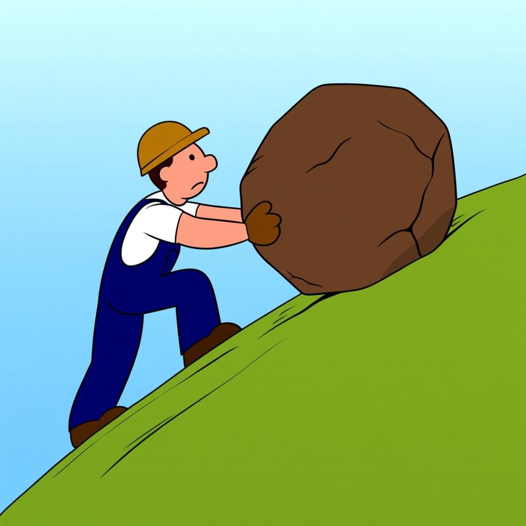 A determined cartoon worker pushing a massive, heavy boulder up a steep hill, straining with intense effort.