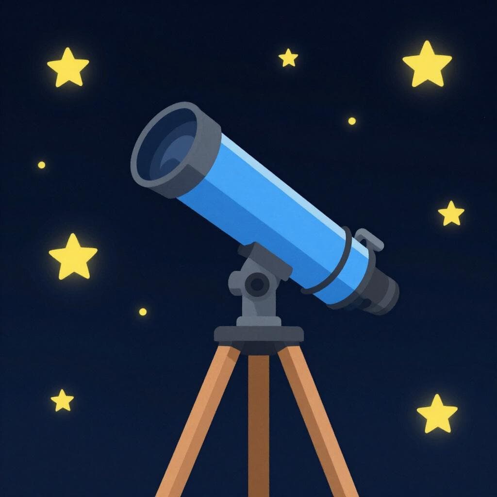 A colorful illustration of a long telescope on a tripod pointing toward a starry night sky.