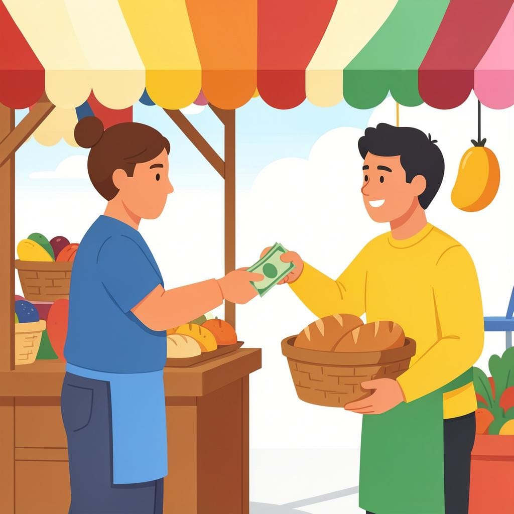 A person handing paper money to a shopkeeper in exchange for a basket of fresh bread.