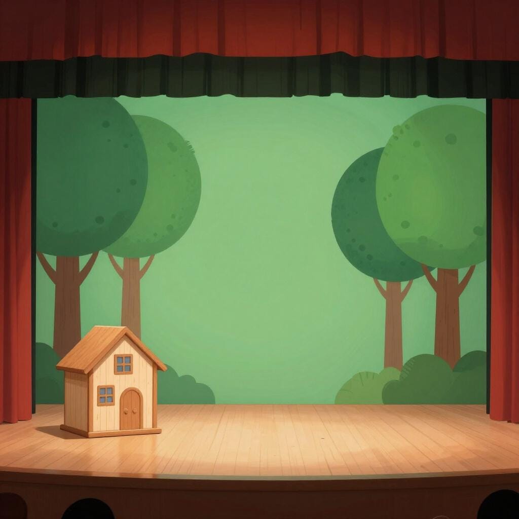 A painted stage backdrop showing a simple forest and a small wooden cottage.