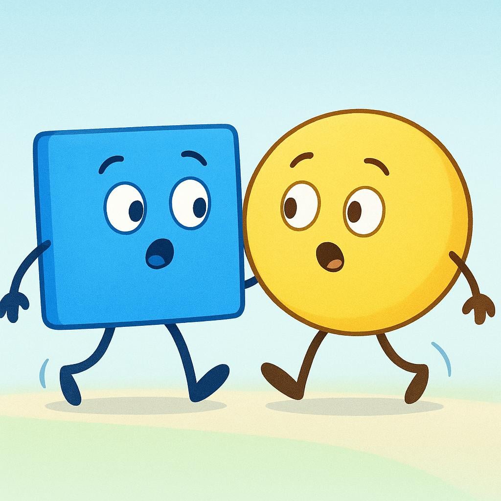 A simple illustration showing a blue square character and a yellow circle character making slight, accidental contact with their shoulders while walking.