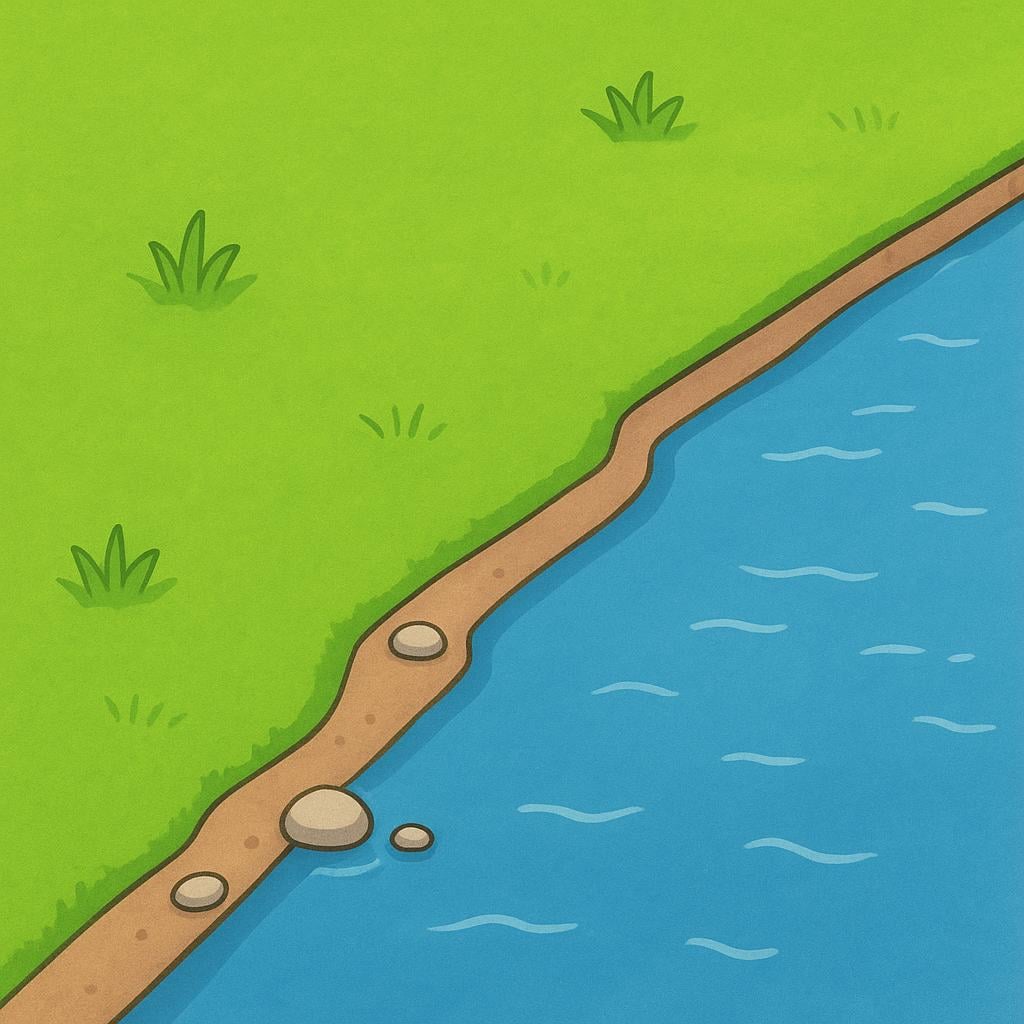 A close-up view of the distinct boundary between a lush green grassy field and the calm, clear blue water of a pond or river.