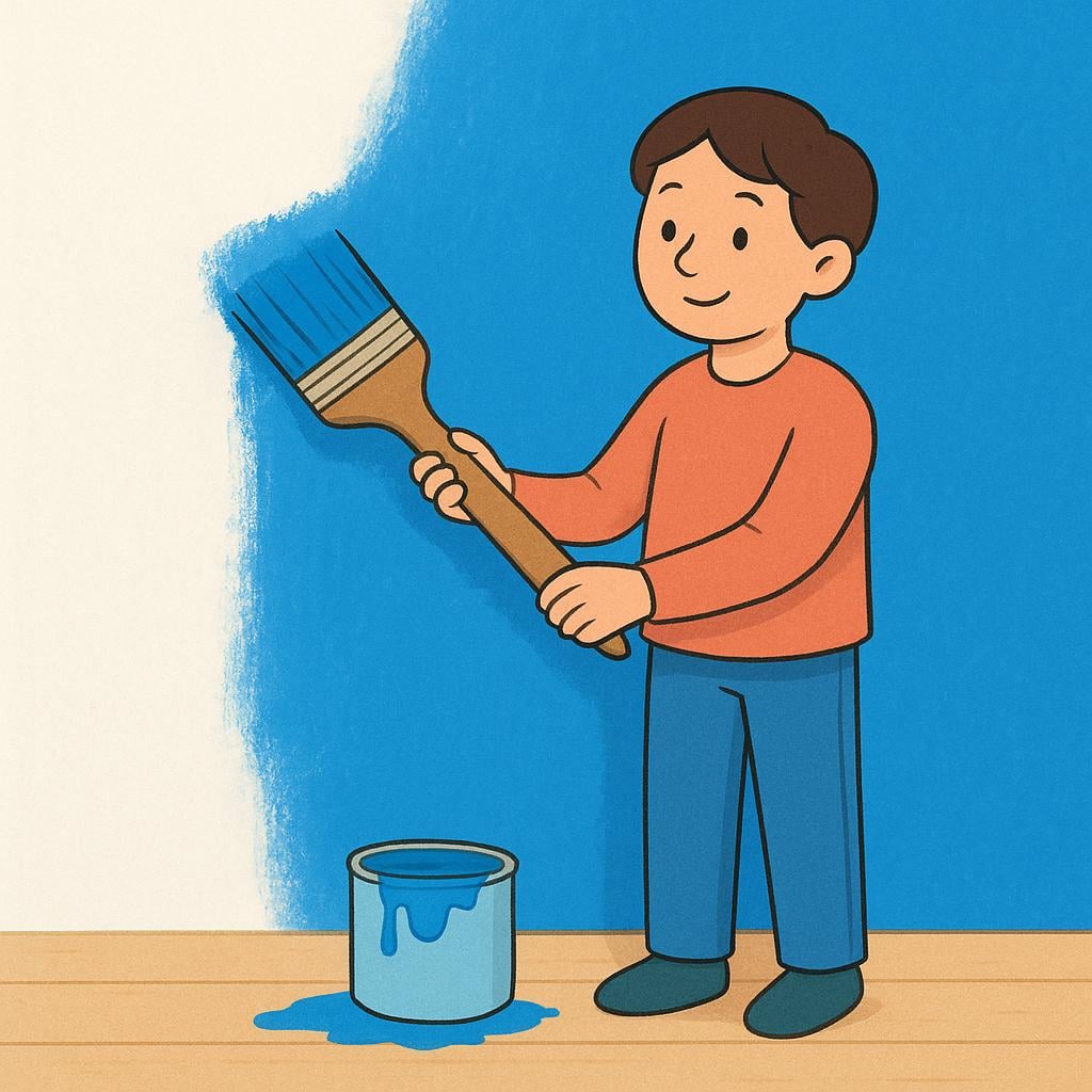 A person painting a white wall with a bright blue color.
