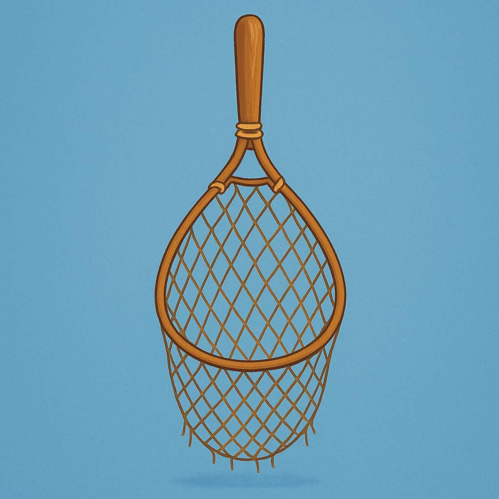 A simple brown fishing net with a wooden handle, used for catching fish.