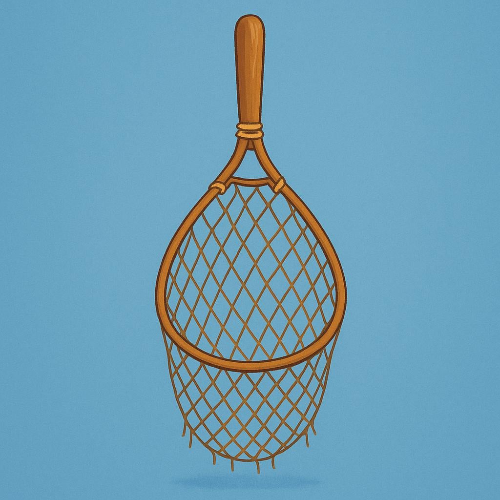 A simple brown fishing net with a wooden handle, used for catching fish.