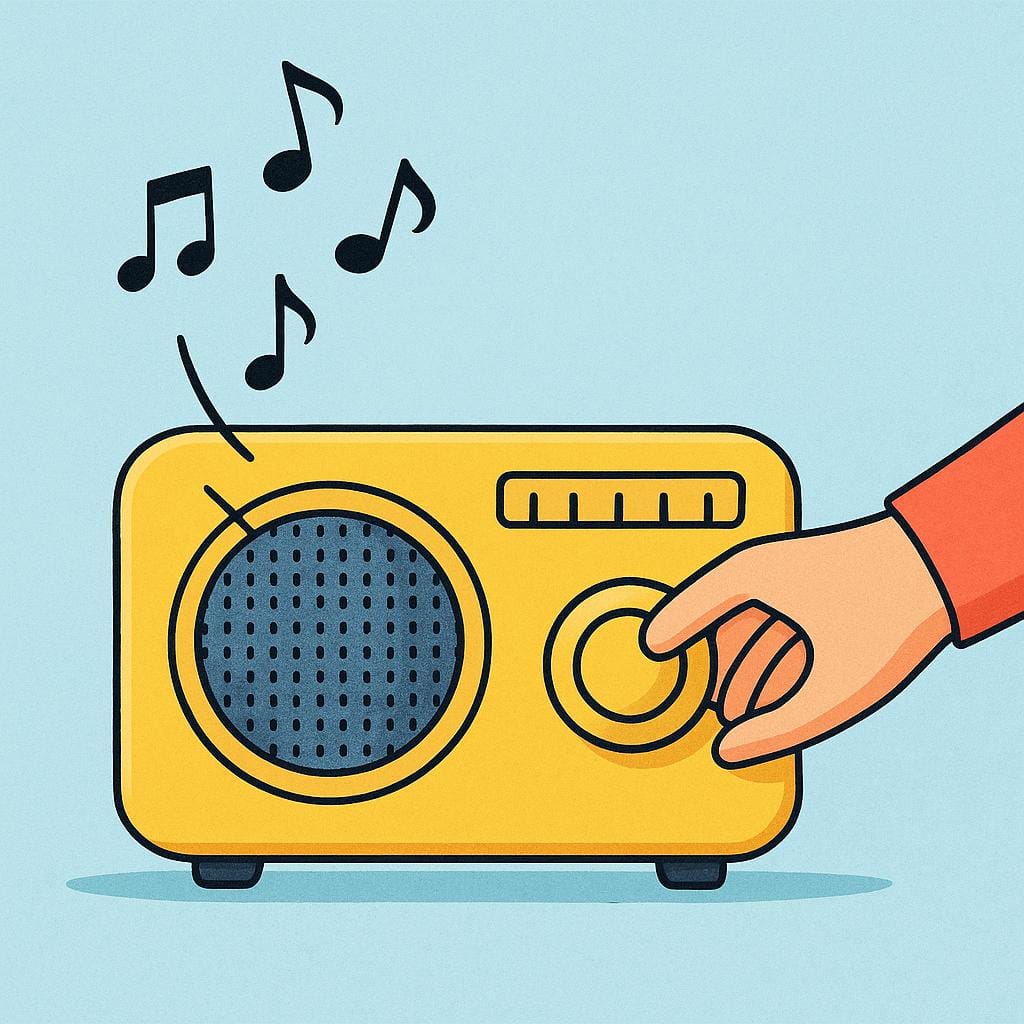 Un dito che gira la manopola del volume di una radio vintage dai colori vivaci, facendo sì che note musicali emanino visibilmente dall'altoparlante.