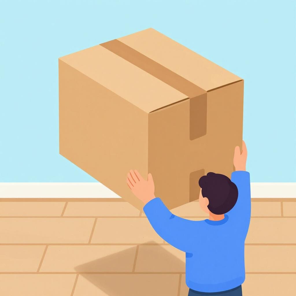 A person lifting a heavy cardboard box from the floor.