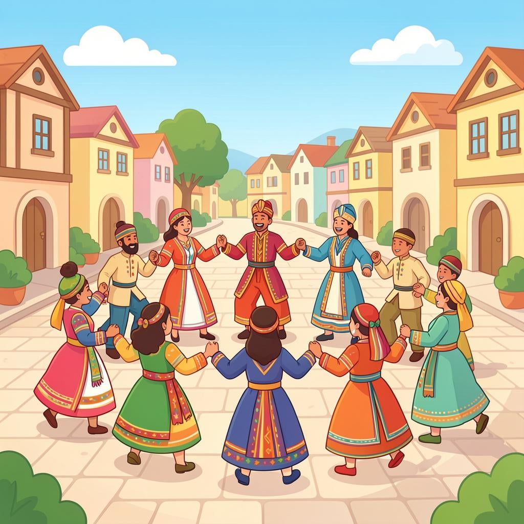 A family in traditional colorful clothing dancing together in a town square during a festival.