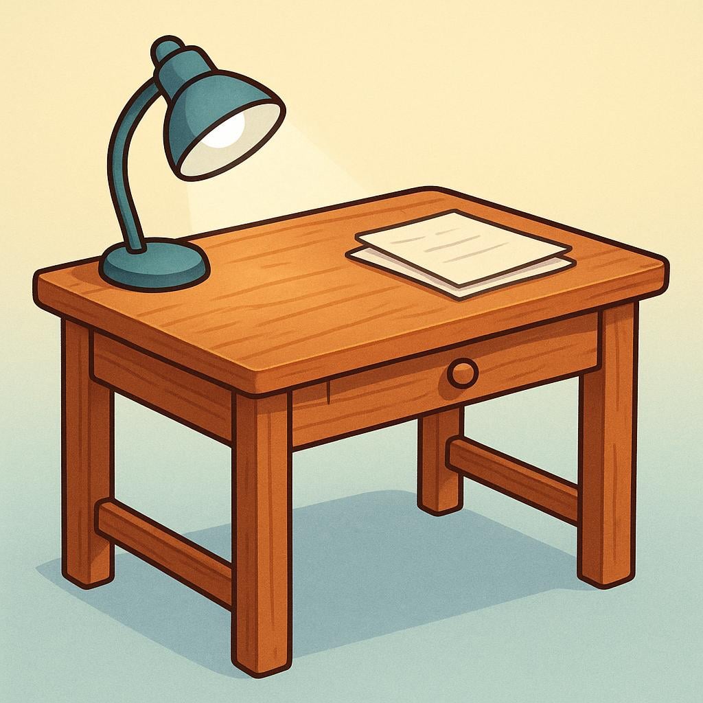 A sturdy wooden writing desk with drawers and an empty chair pushed underneath it, ready for use.