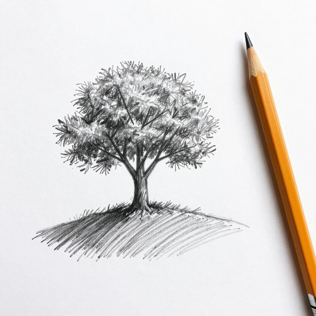 Eine Kohlezeichnung einer einfachen Landschaft auf einem Stück Papier.