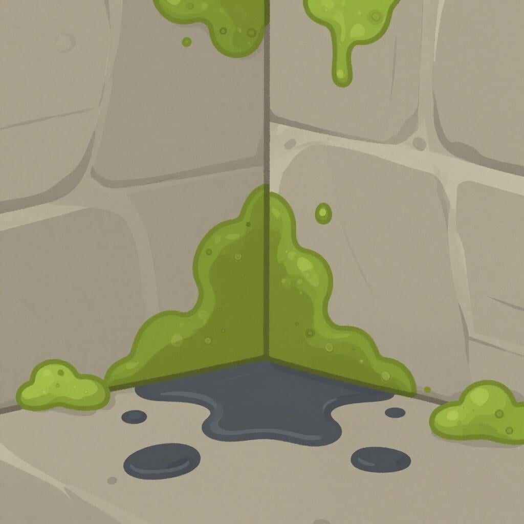A dark, spreading water stain on a stone wall with small patches of moss growing in the corner.