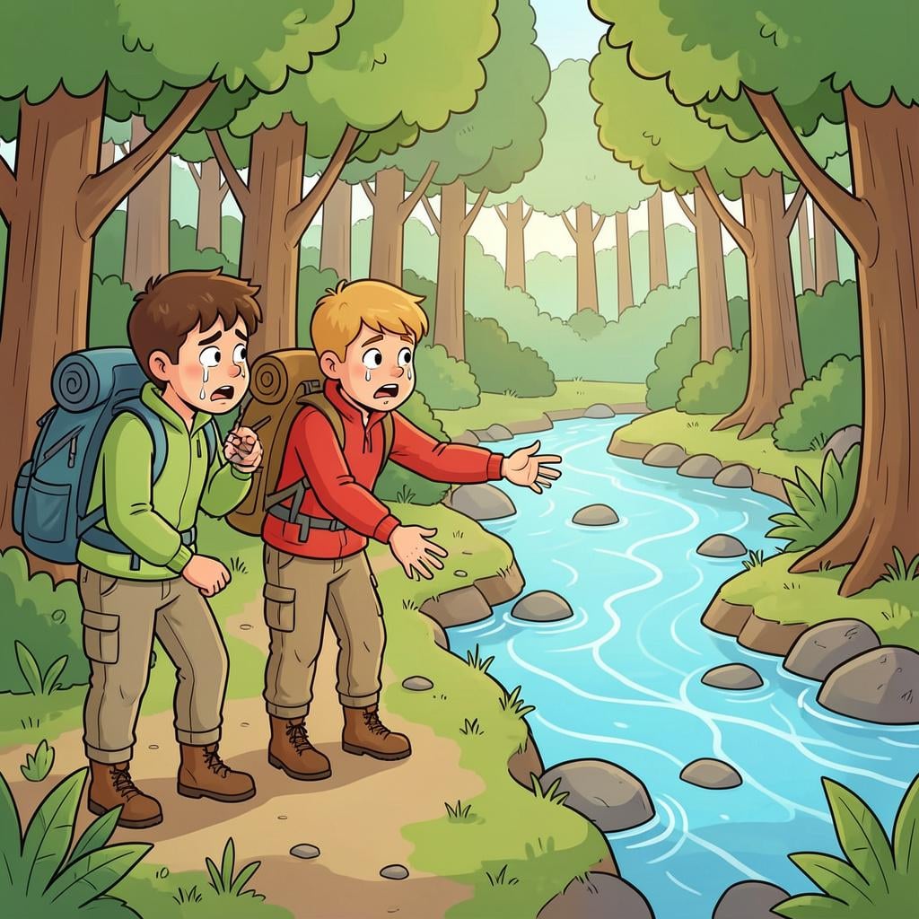 A group of thirsty hikers looking at an empty water bottle in a sunny forest.