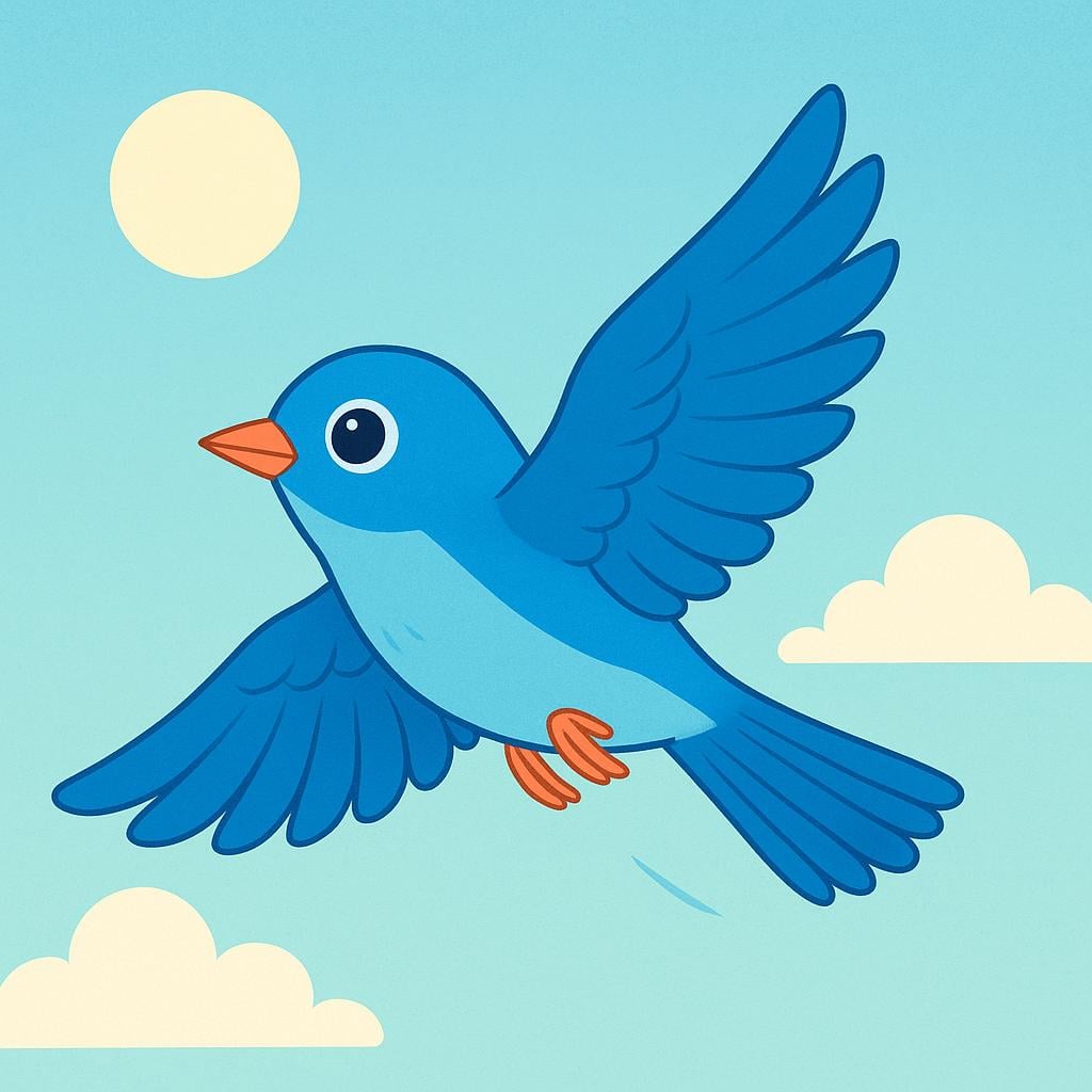 A small blue bird mid-flight, gliding through the air with its wings spread open.