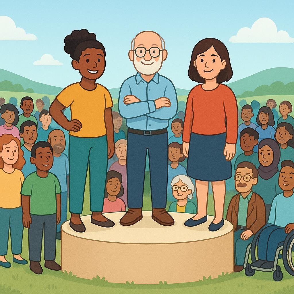 Eine große Menschenmenge verschiedener Comicfiguren blickt auf eine kleine, erhöhte Plattform, auf der drei angestrahlte Figuren stehen und die ausgewählten „besten“ darstellen.