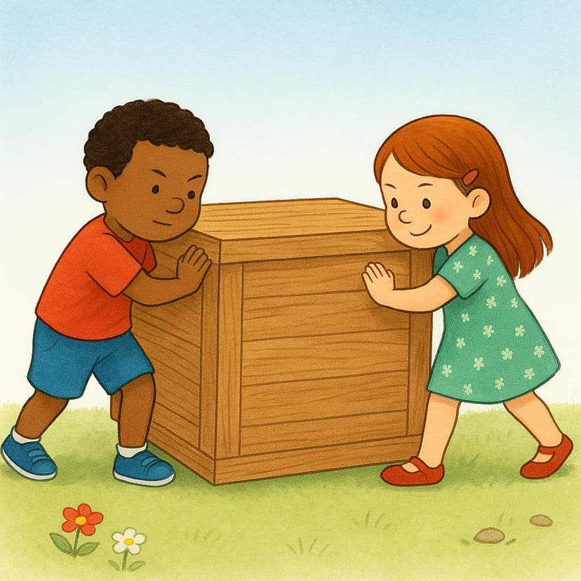 A simple colorful illustration showing two children, a boy and a girl, working together to push a heavy, large wooden box across the floor.