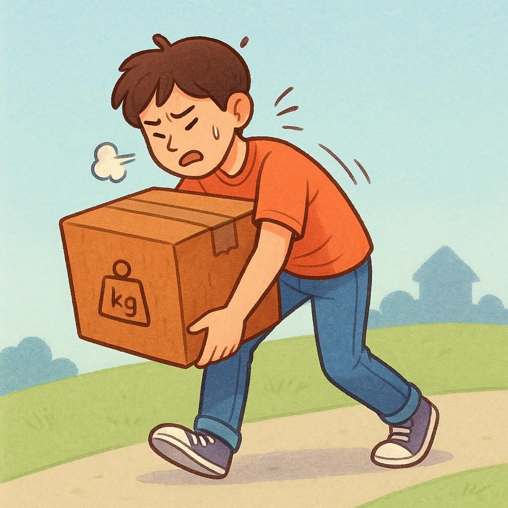 A child in bright clothes struggling slightly while carrying a large, heavy brown cardboard box across a simple landscape.