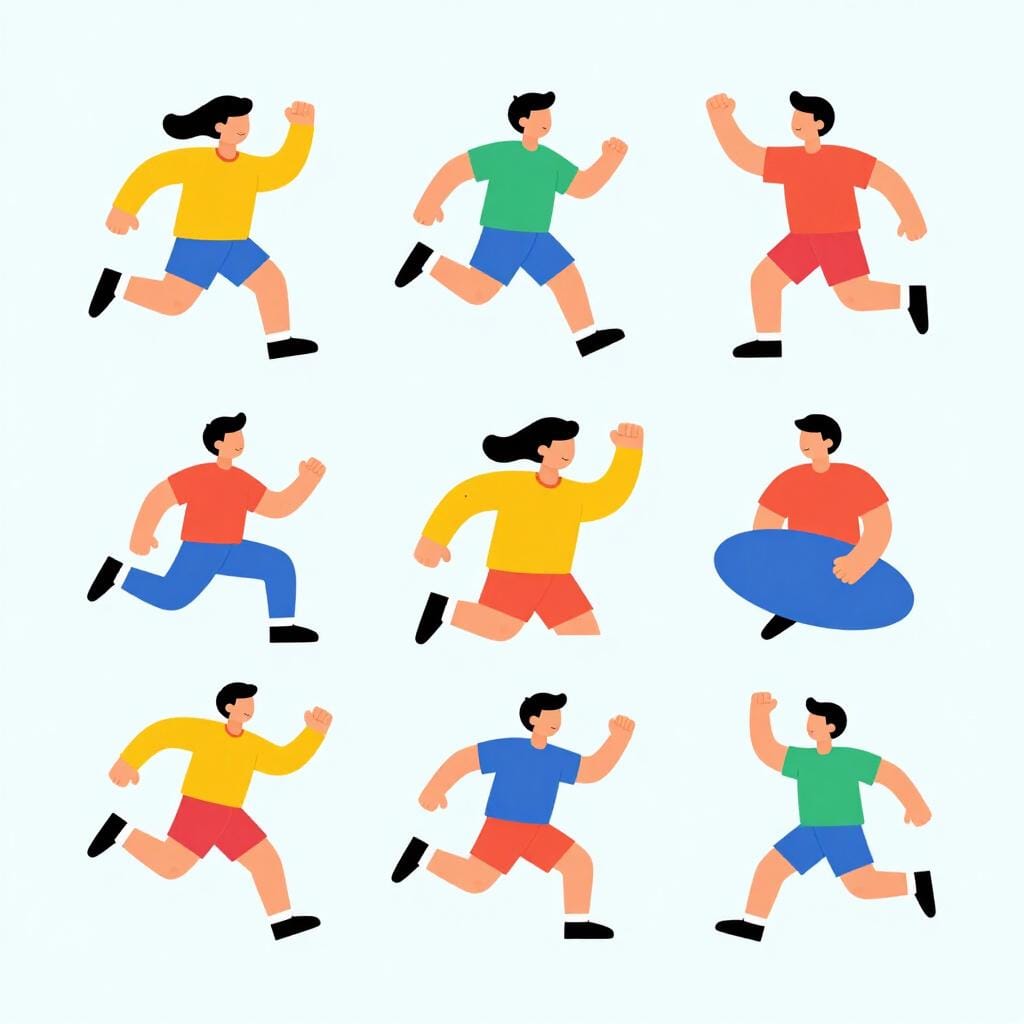 사람이 달리고, 점프하고, 수영하는 모습을 보여주는 단순하고 다채로운 삽화.