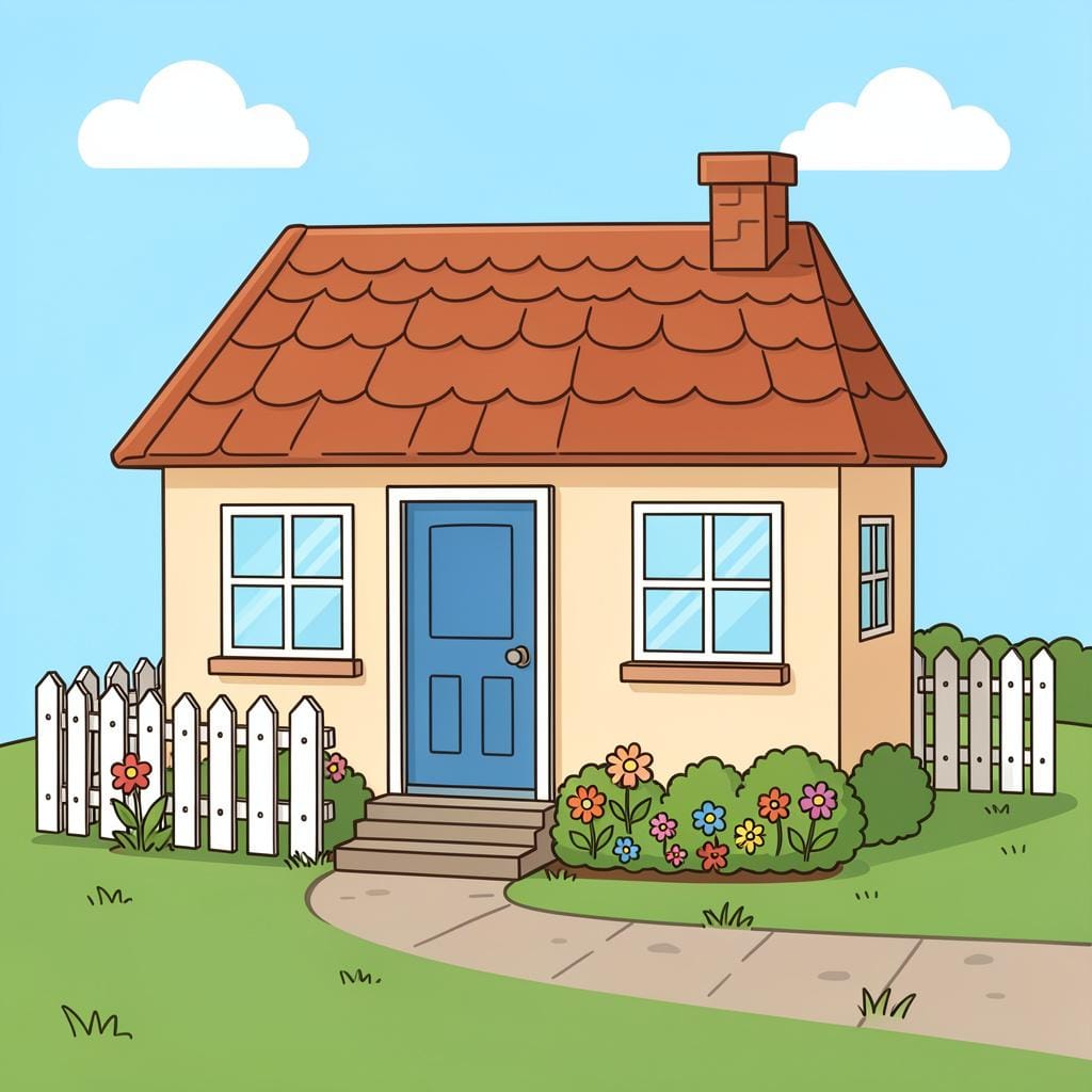 A charming little house with a front garden and a blue door.