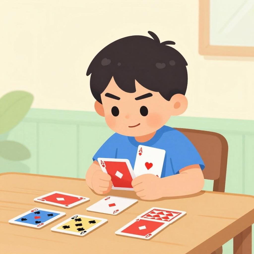 Uma criança escondendo uma carta atrás das costas enquanto joga um jogo de cartas.