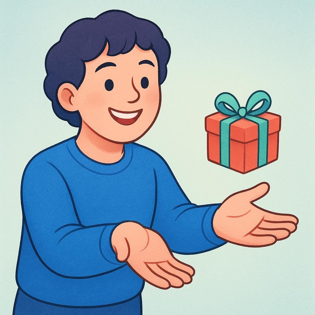 Uma pessoa amigável com as mãos estendidas está sorrindo enquanto recebe uma pequena caixa de presente brilhantemente embrulhada, simbolizando aceitação.