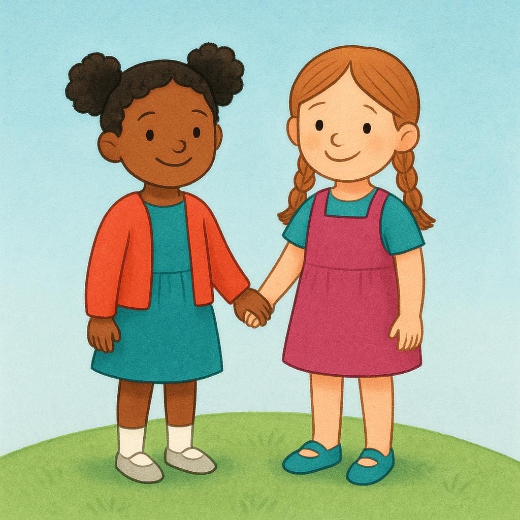 Two young girls, smiling brightly and holding hands, illustrating a close family relationship between cousins.