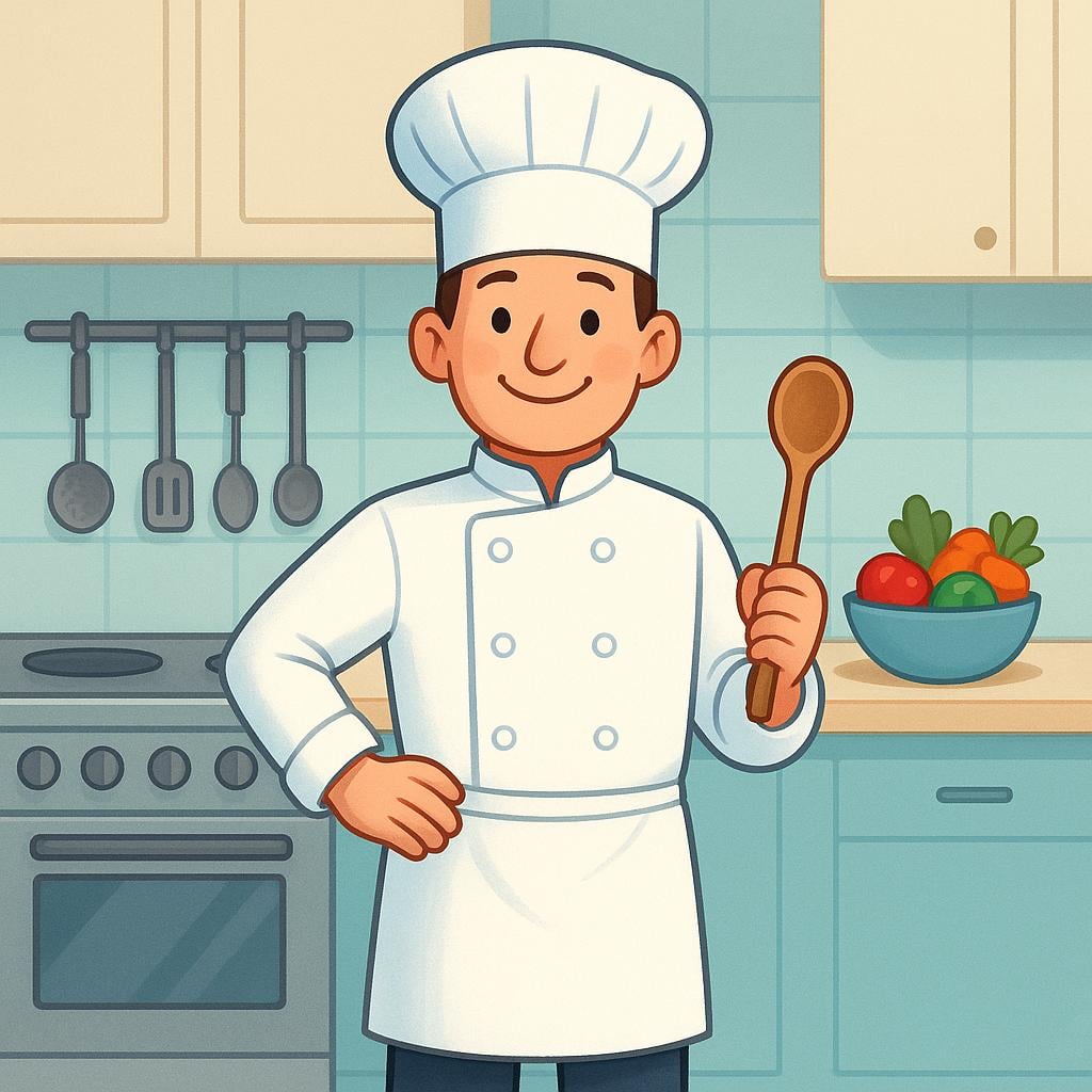 A smiling chef wearing a clean white uniform and toque hat, standing confidently in a professional kitchen setting.