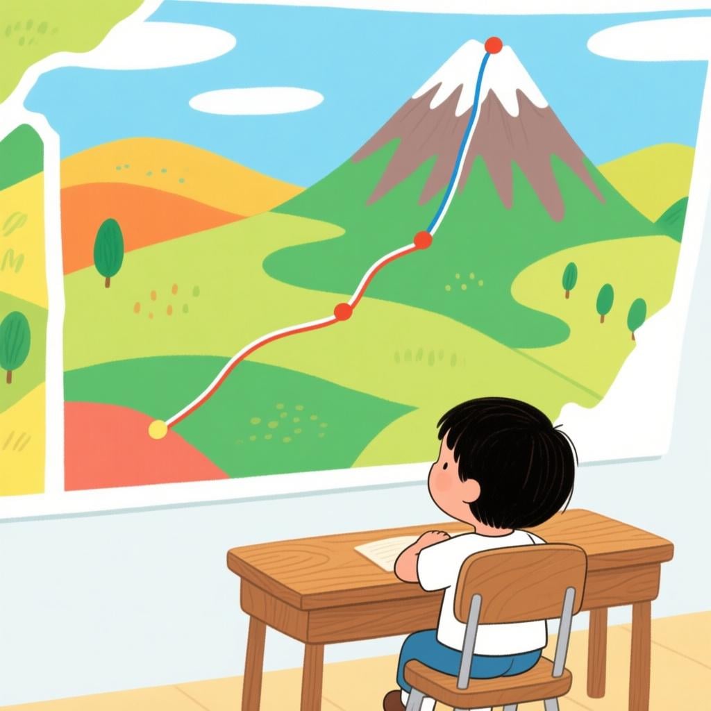 A child sitting at a desk, focused intently on a large map showing a clear, drawn path leading directly to a mountain peak, symbolizing a plan.
