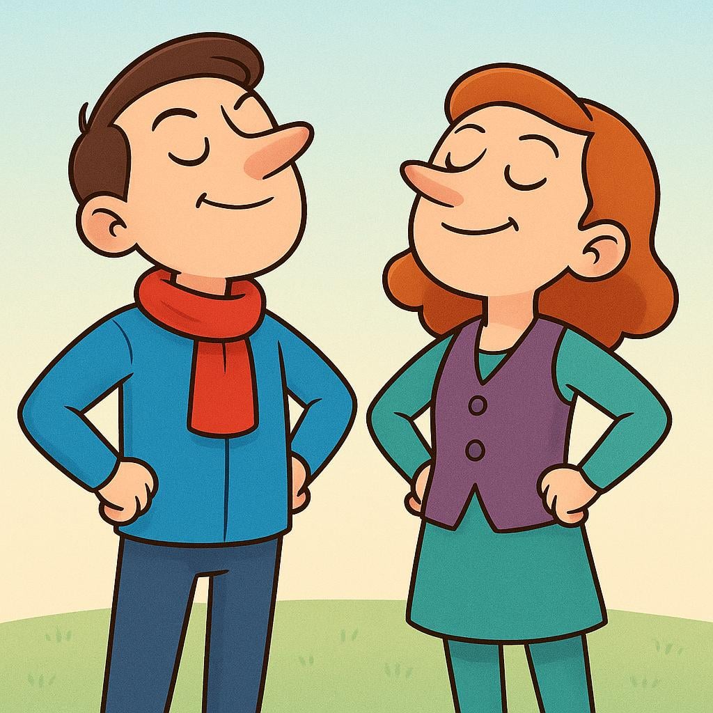 Two figures standing with their chests puffed out, chins raised high, and hands on their hips, displaying an overly self-important and conceited posture.