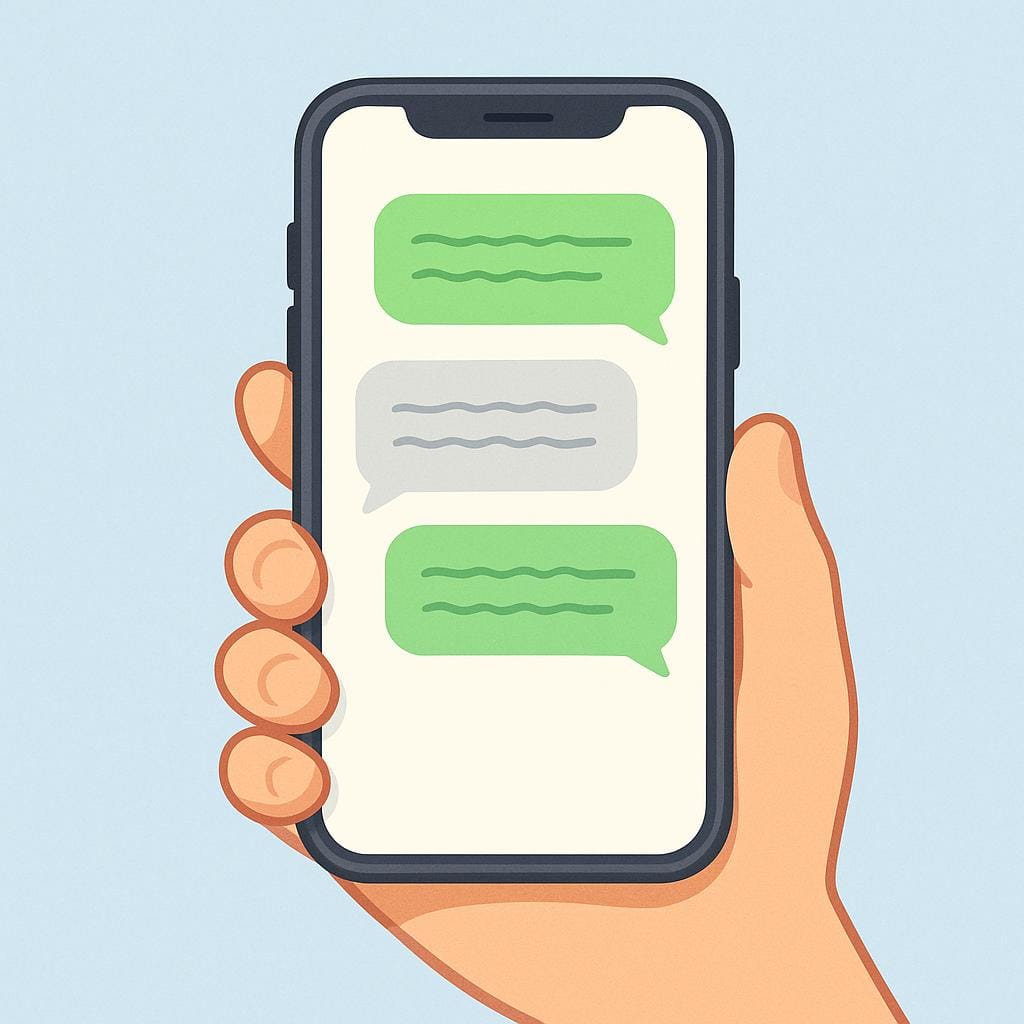 A hand holding a bright mobile phone displaying two brightly colored speech bubbles on the screen, indicating a digital conversation.