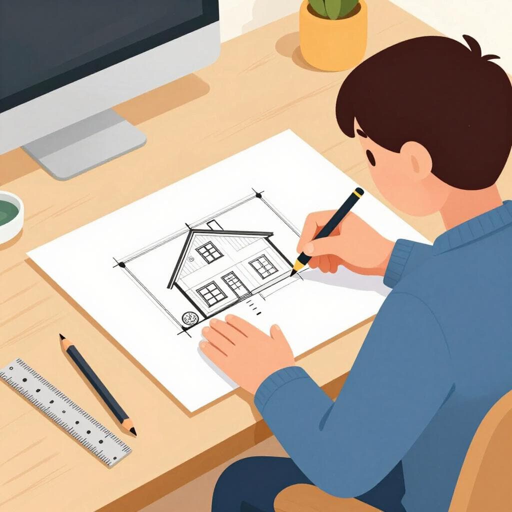 Uma pessoa sentada em uma grande mesa desenhando uma planta colorida de uma casa.